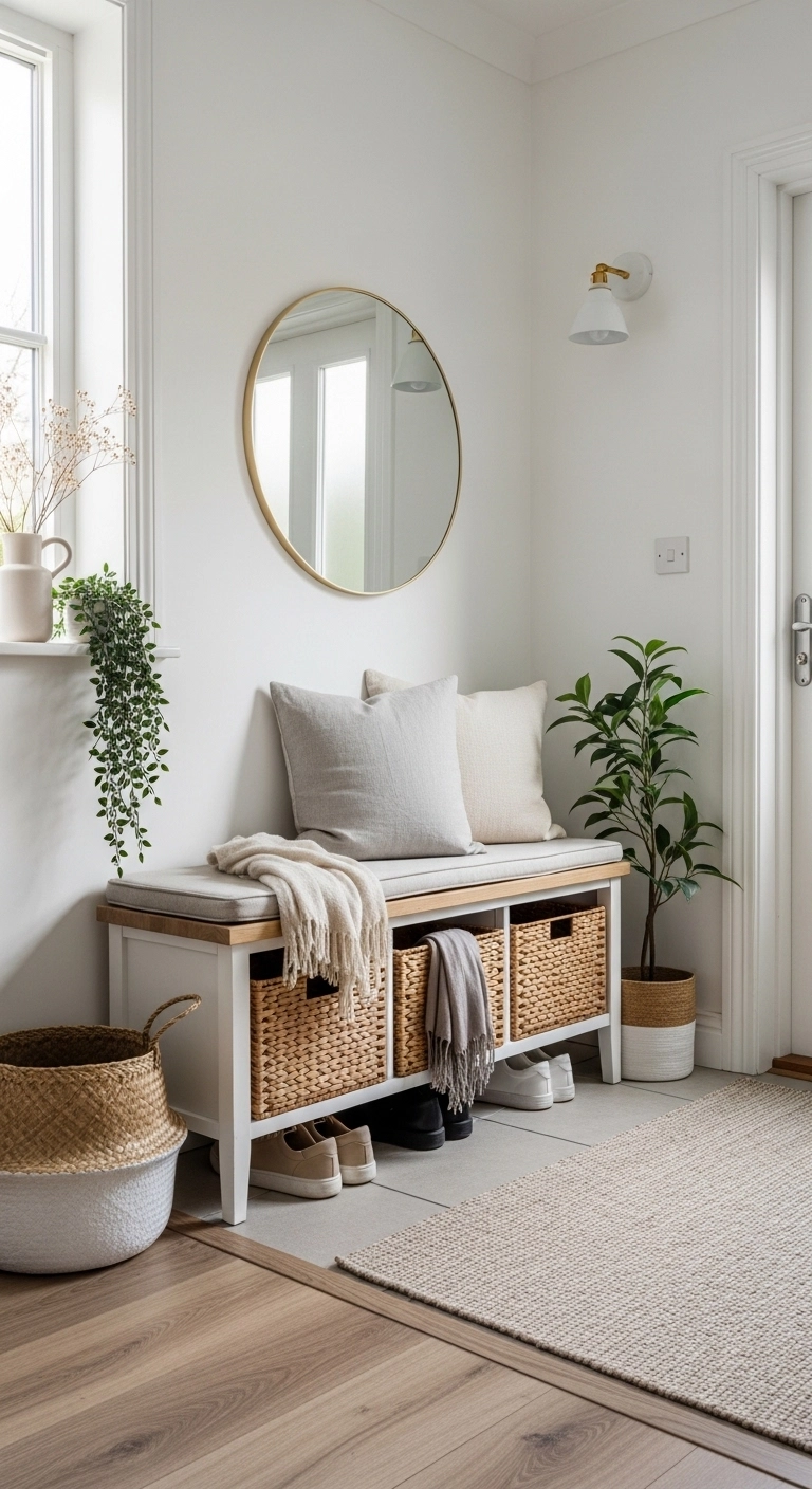 Entryway decor ideas with woven baskets for neat shoe storage