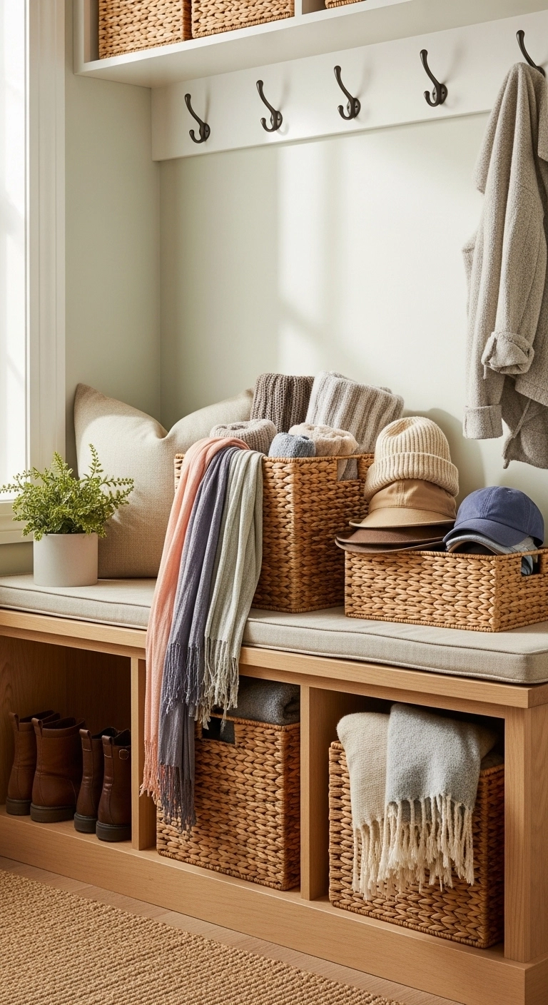 small mudroom ideas with baskets for hats scarves and soft items