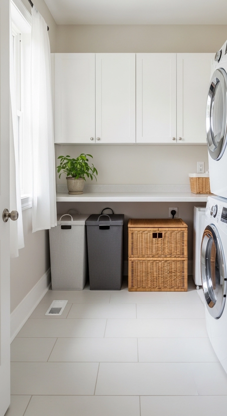 Small laundry room ideas with one organized basket zone under counter