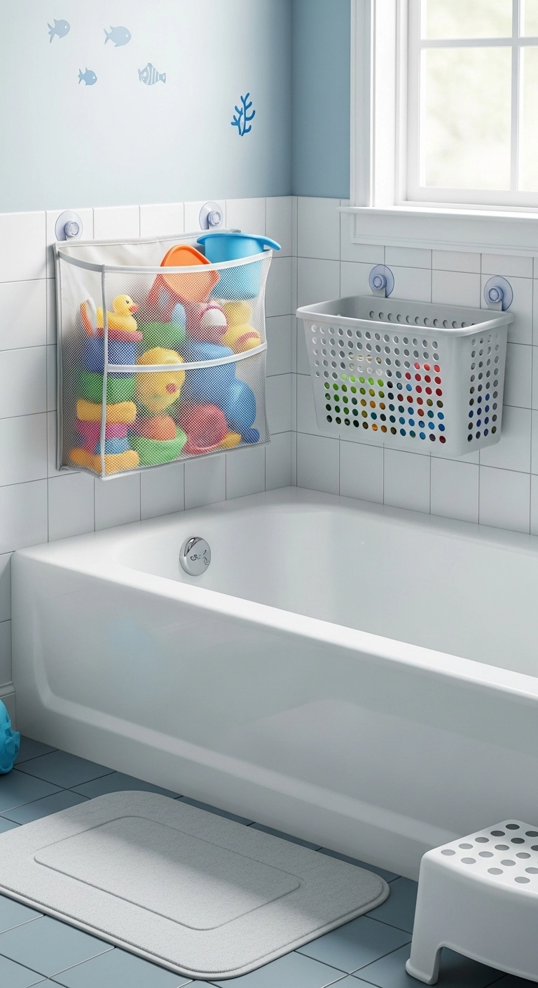 kids bathroom ideas with draining bath toy storage