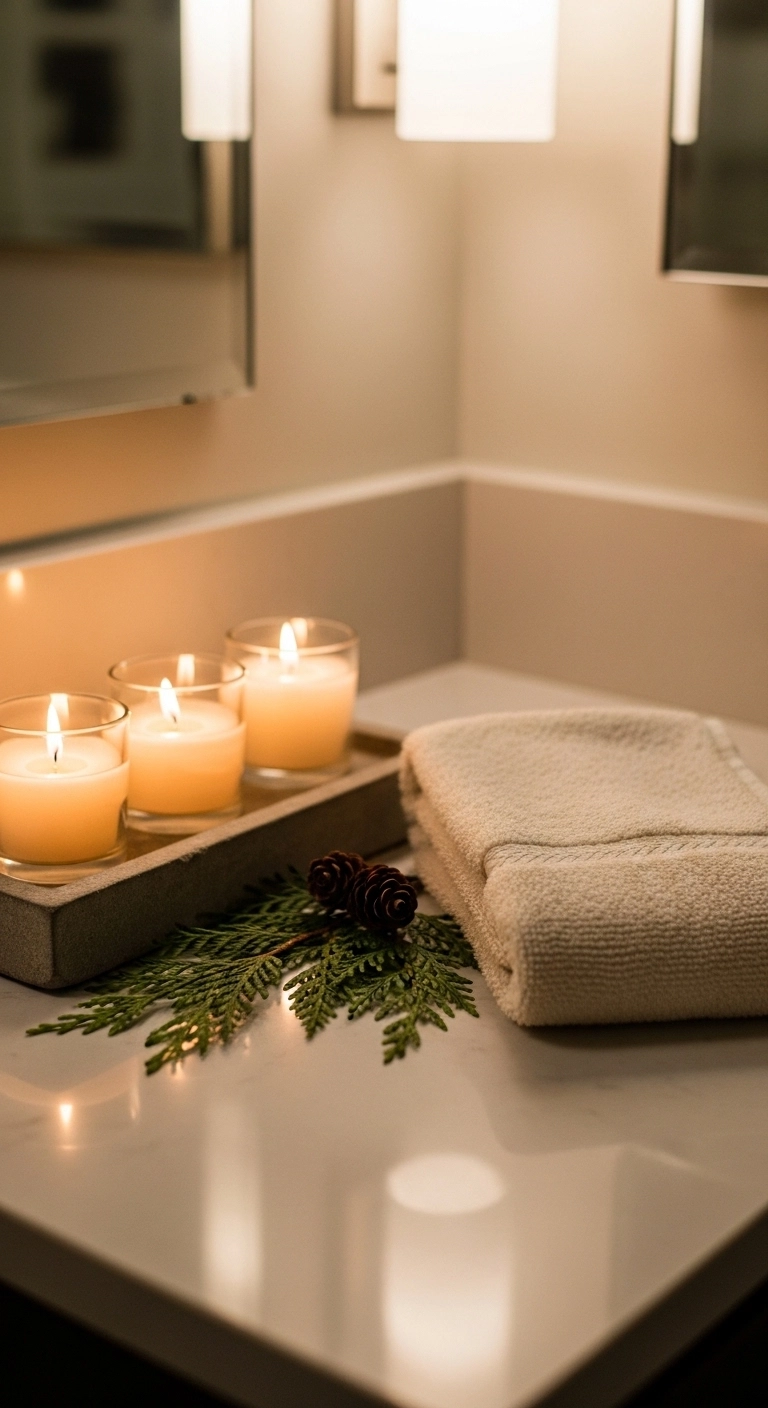 christmas candle decor ideas with votive candles on a bathroom counter