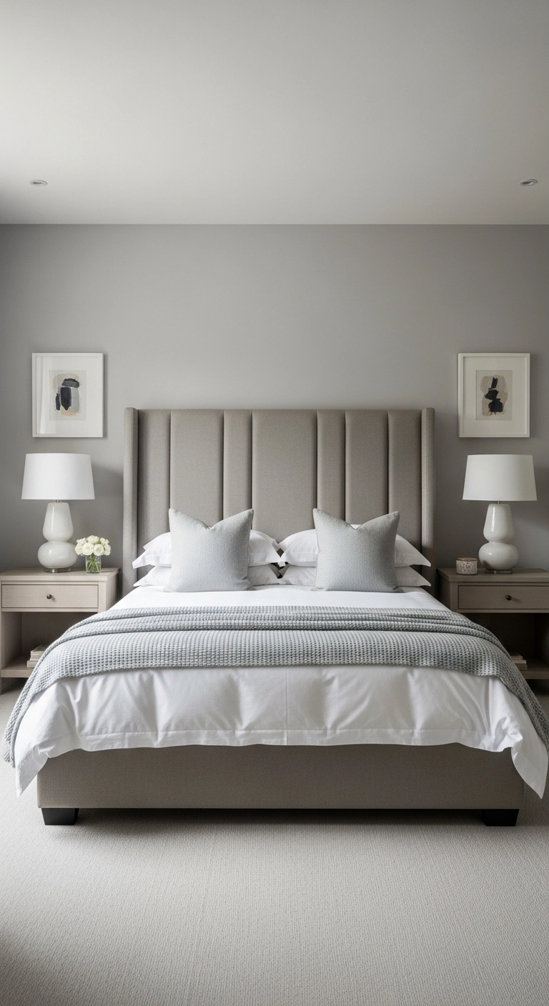 Calm bedroom ideas with a centered bed and symmetrical styling