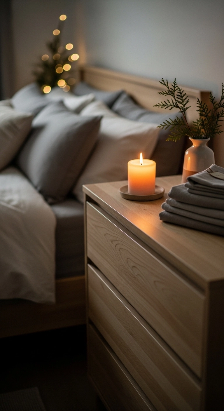 christmas candle decor ideas with a candle on a calm bedroom dresser