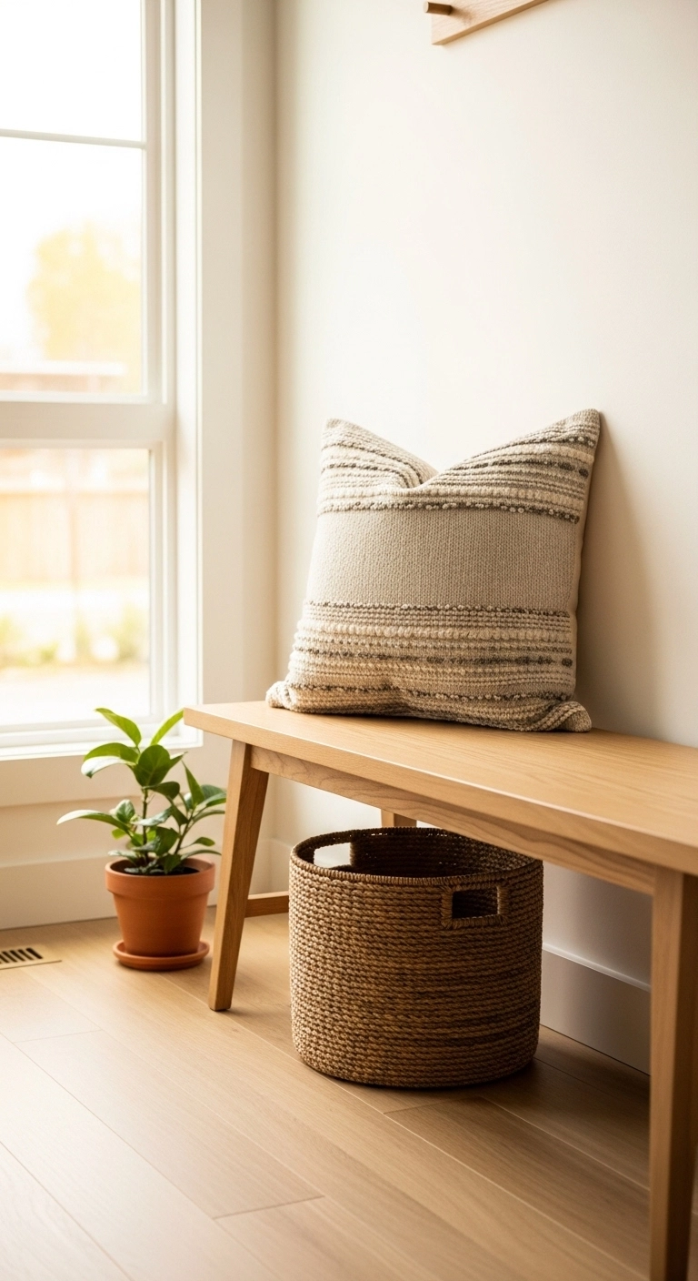 Entryway decor ideas showing a wooden bench with cozy styling