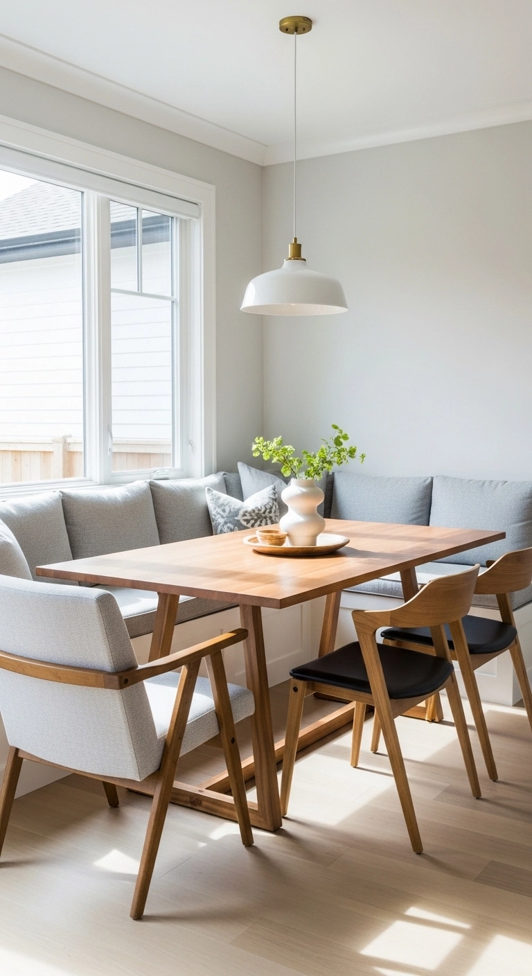 Dining room ideas with bench seating and a casual gathered family feel