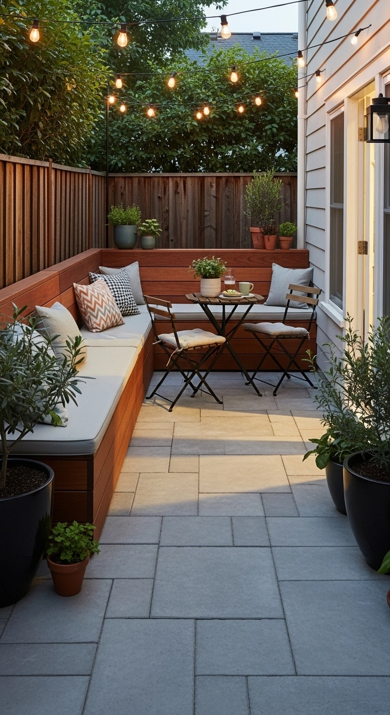 small backyard patio ideas with built in bench seating