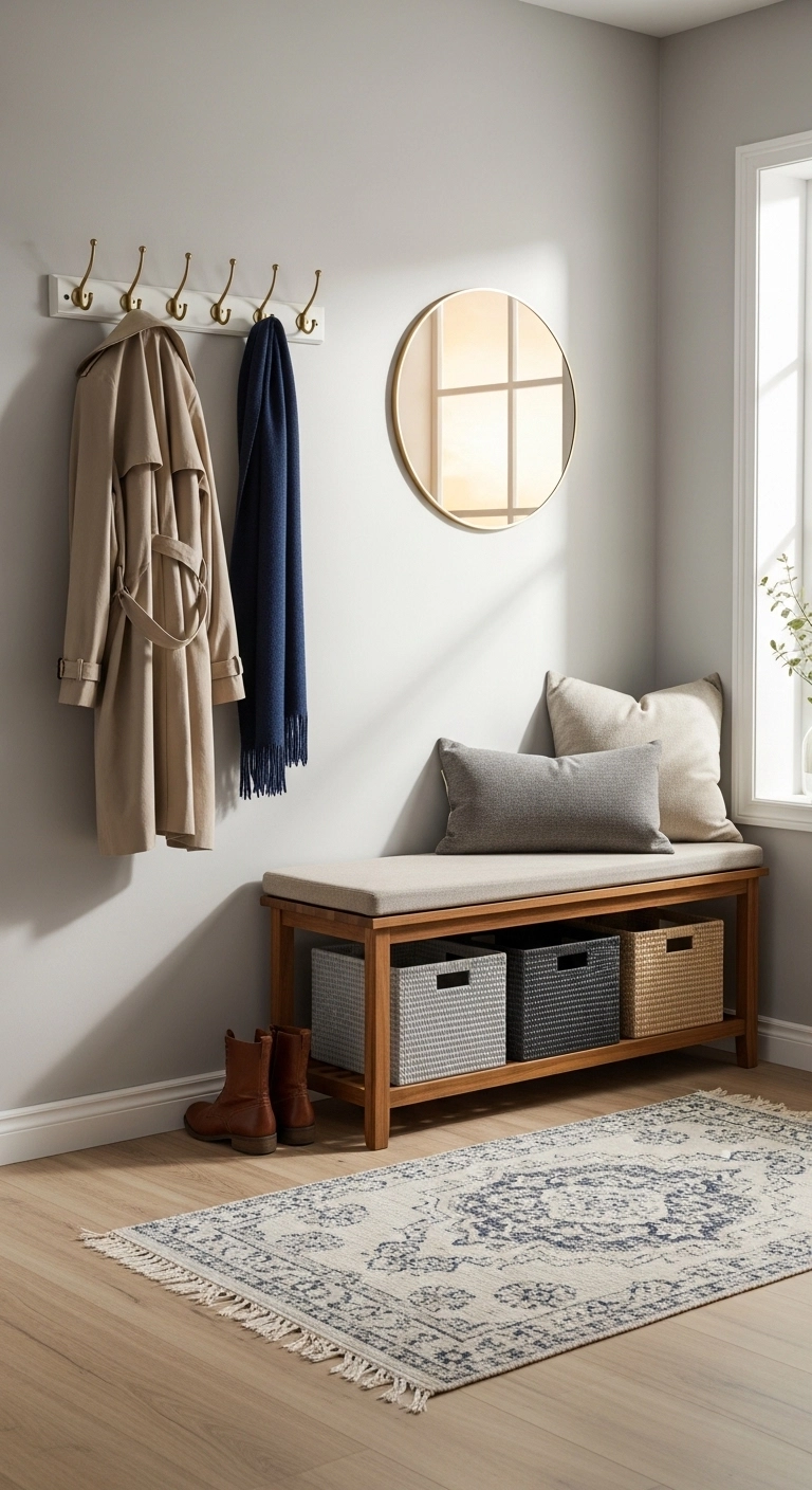 small entryway ideas with a slim bench and storage below