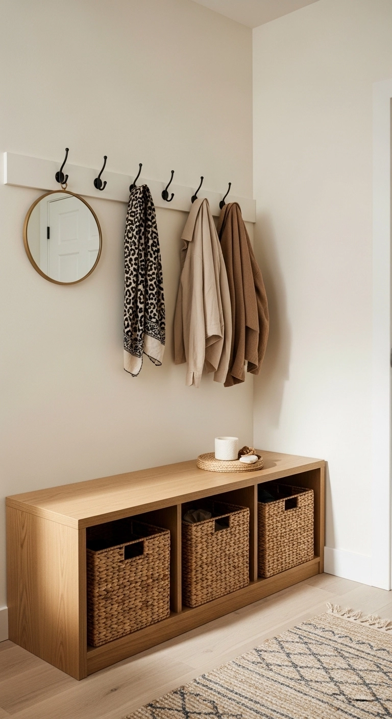 small mudroom ideas with a slim bench and baskets underneath