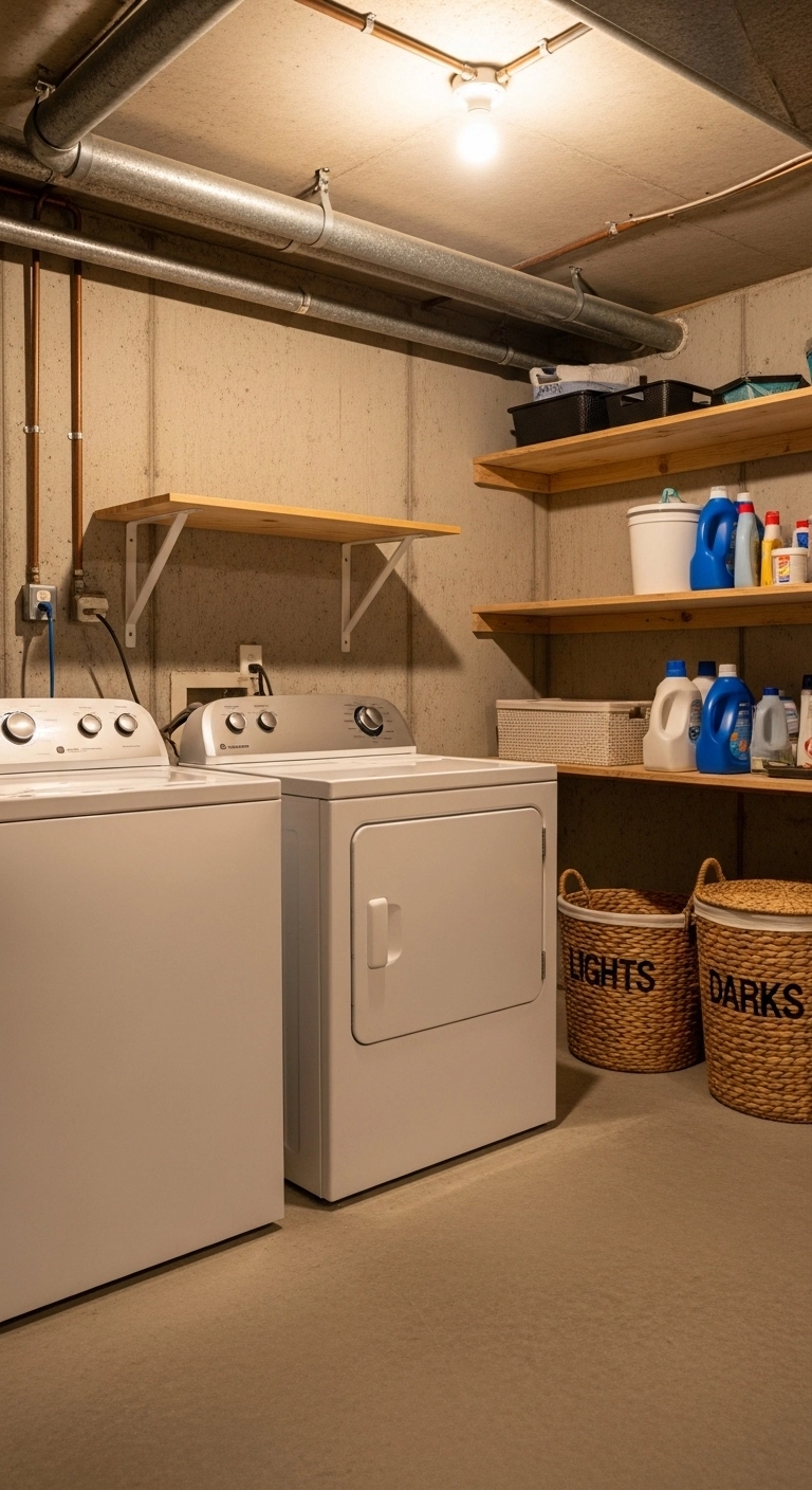 unfinished basement ideas with a practical laundry area and folding table
