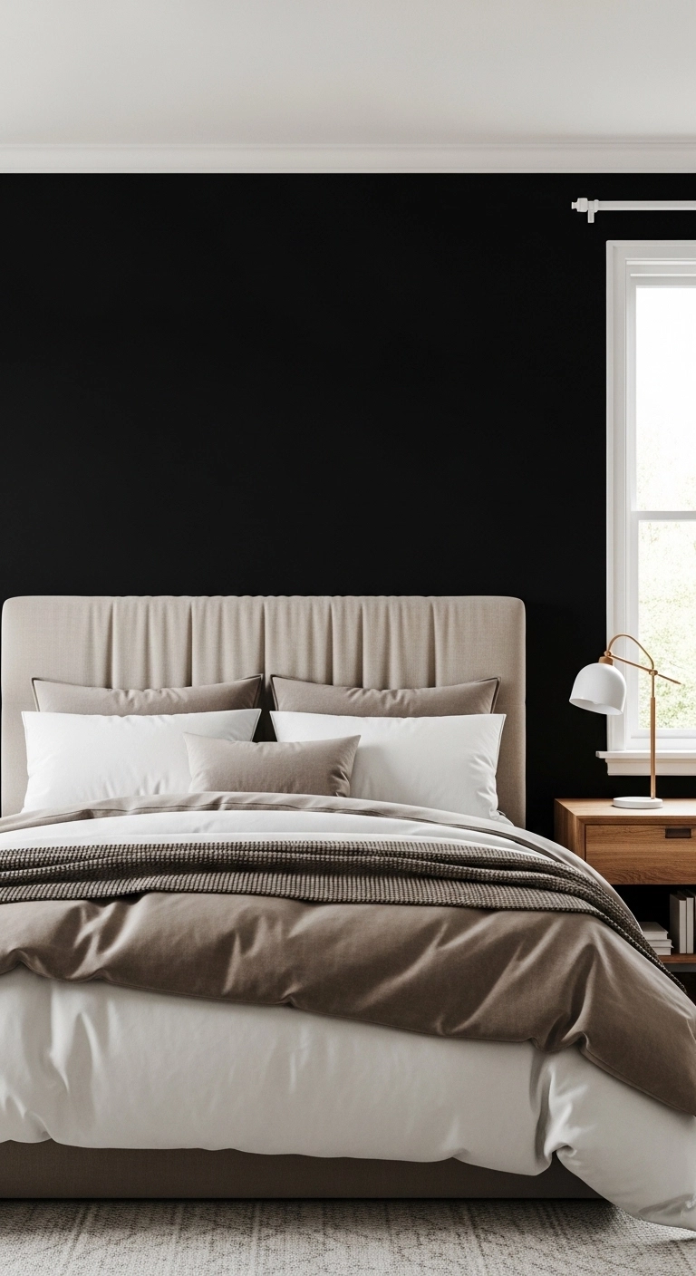 Black bedroom ideas with a bold black accent wall and cozy neutral bedding
