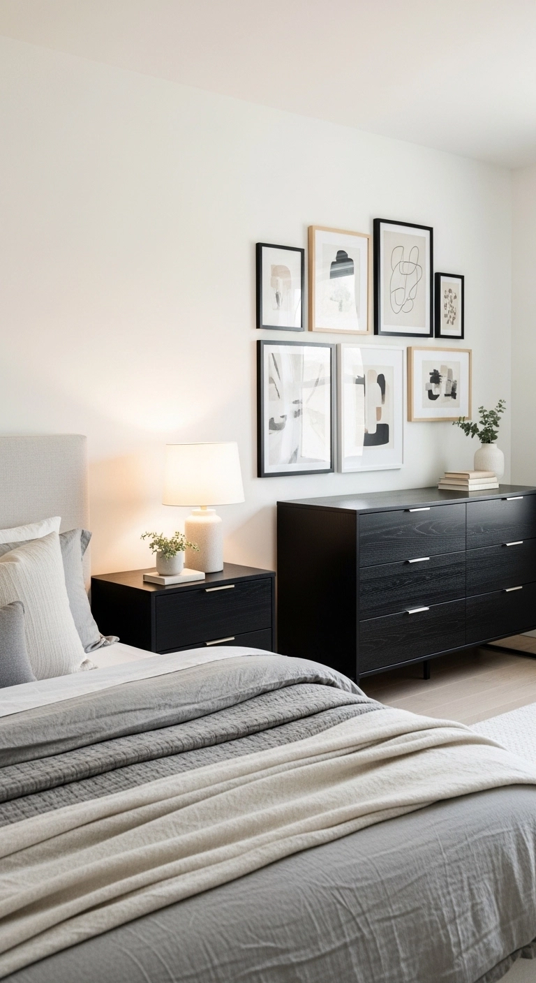 Black bedroom ideas with black nightstands and dresser in a stylish neutral room