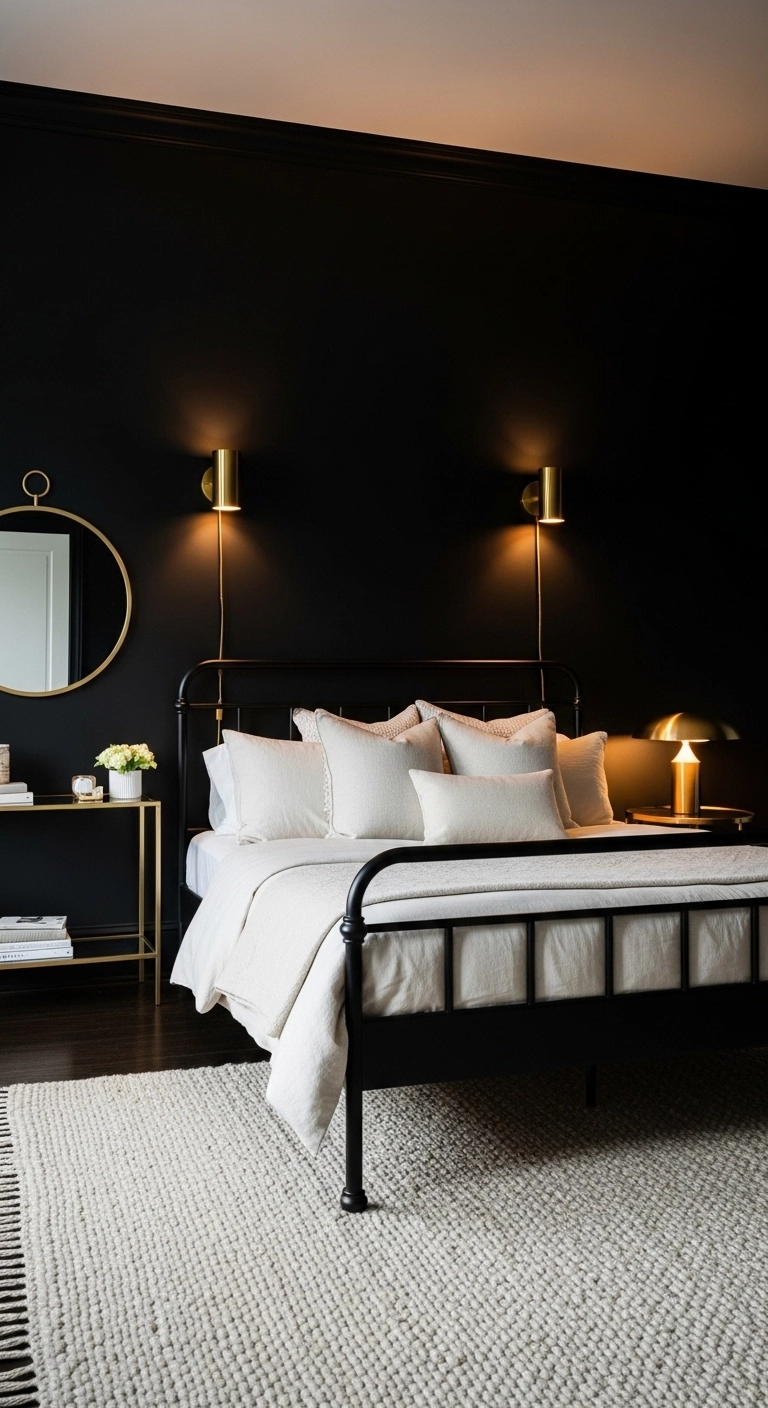 Black bedroom ideas with brass accents and warm elegant lighting