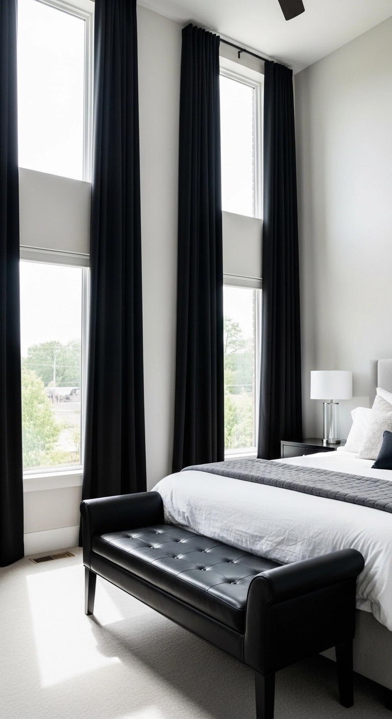 Black bedroom ideas with black curtains and bright natural light