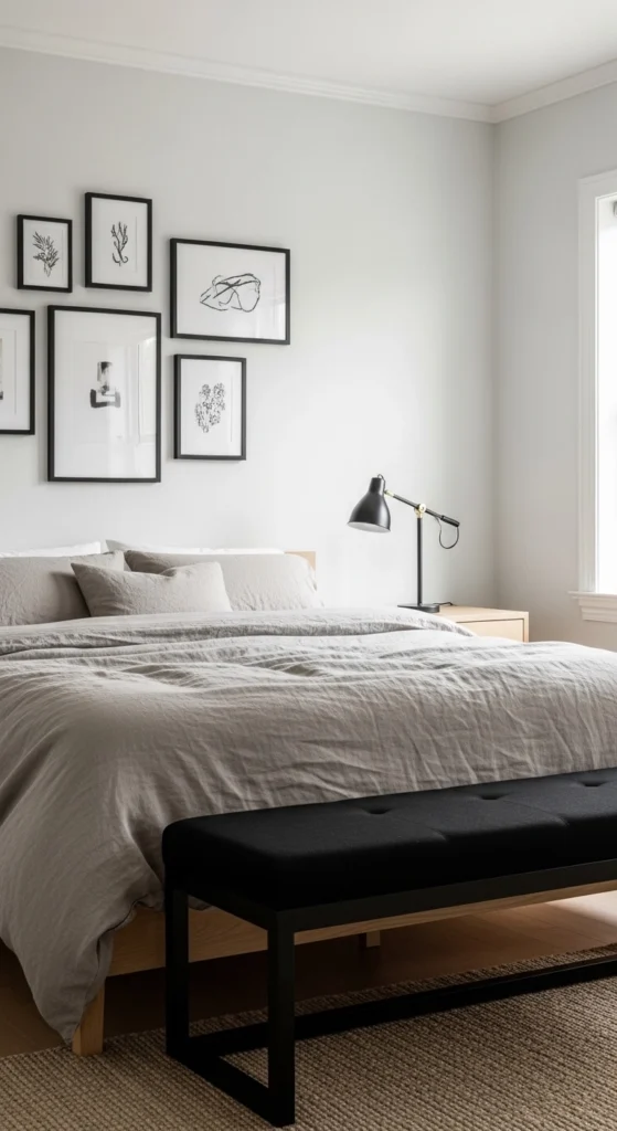 Black bedroom ideas using black decor accents in a bright neutral bedroom