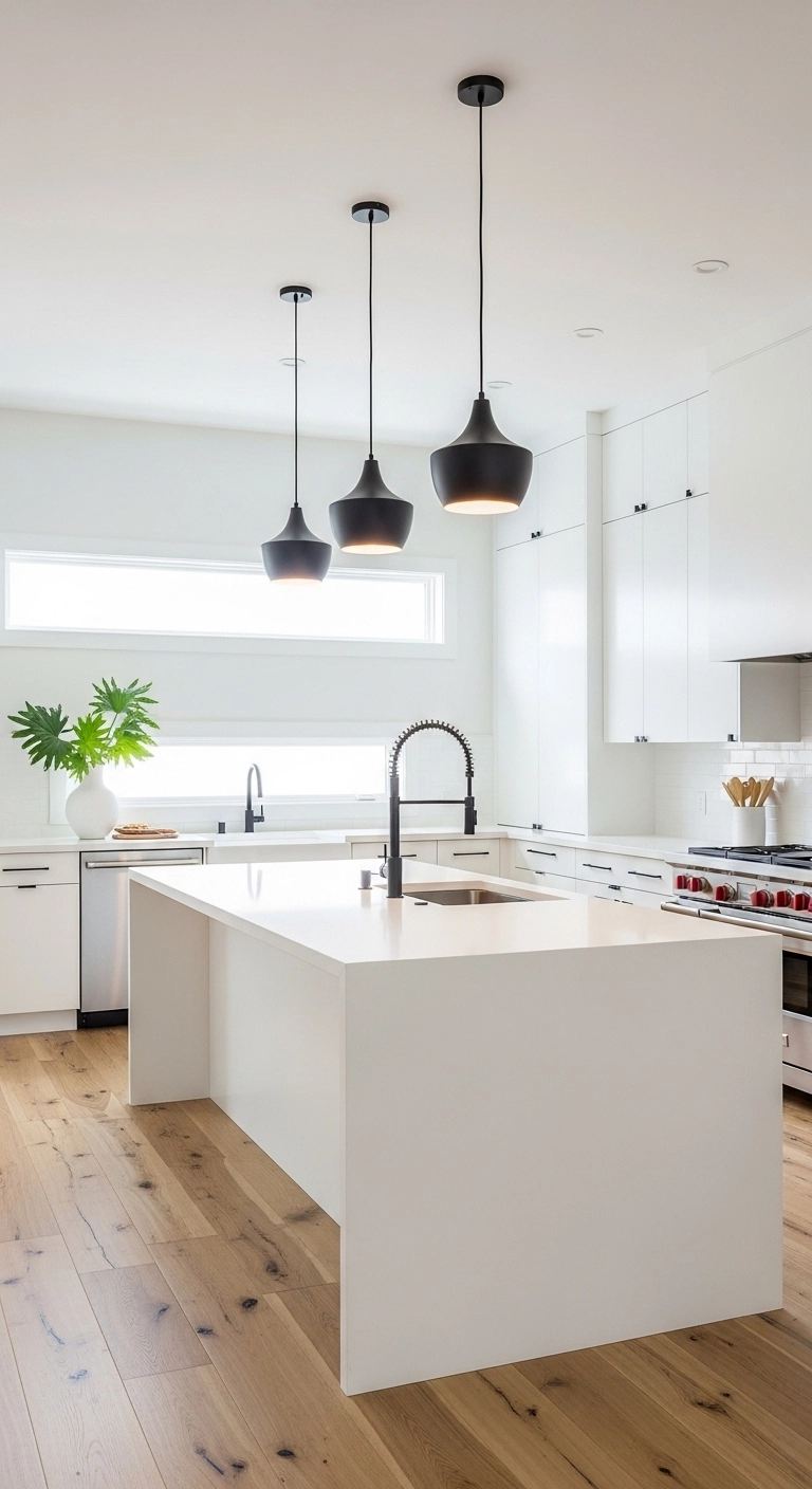 Kitchen lighting ideas with black pendant lights in a bright kitchen