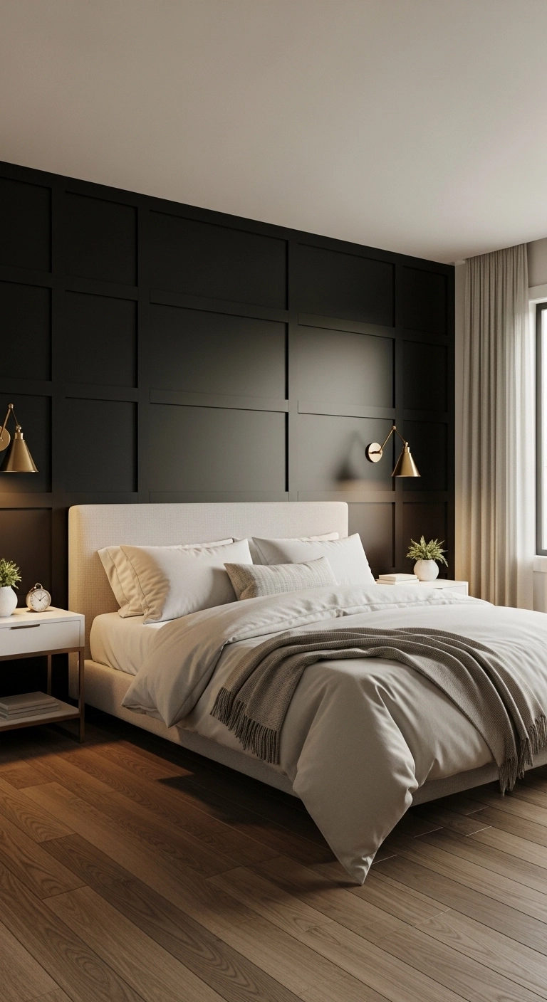 Black bedroom ideas with black wall paneling, brass sconces, and neutral bedding
