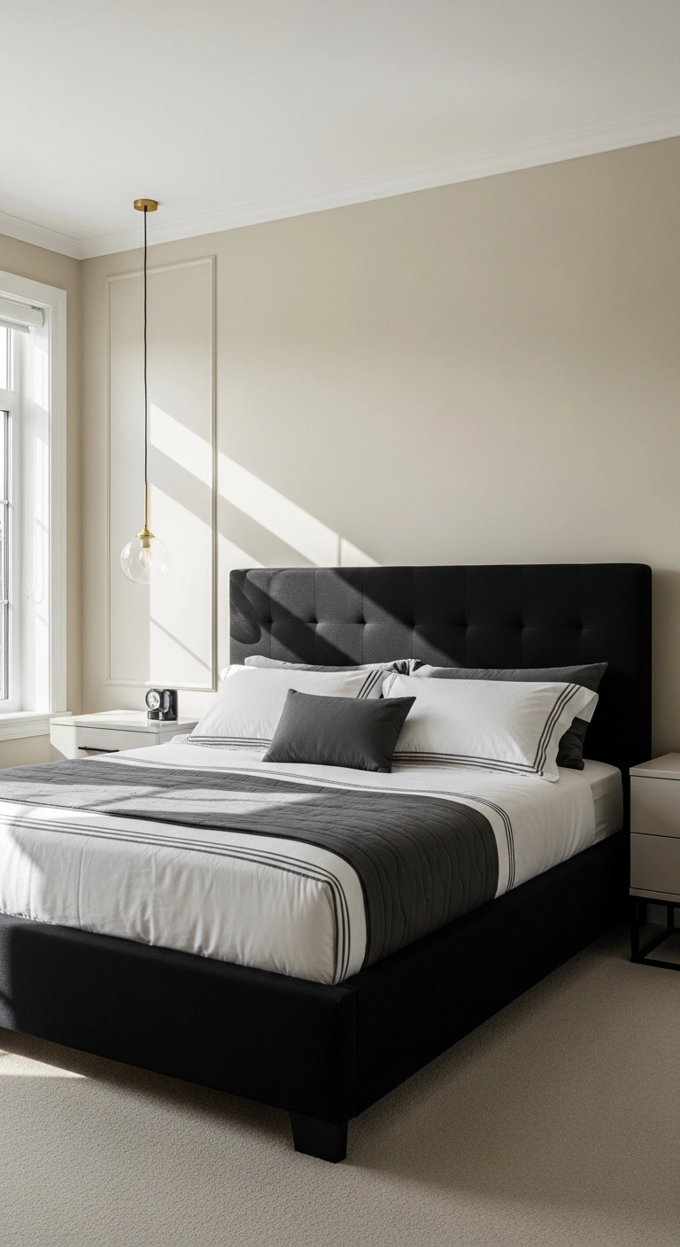 Black bedroom ideas with a black upholstered bed and soft layered bedding