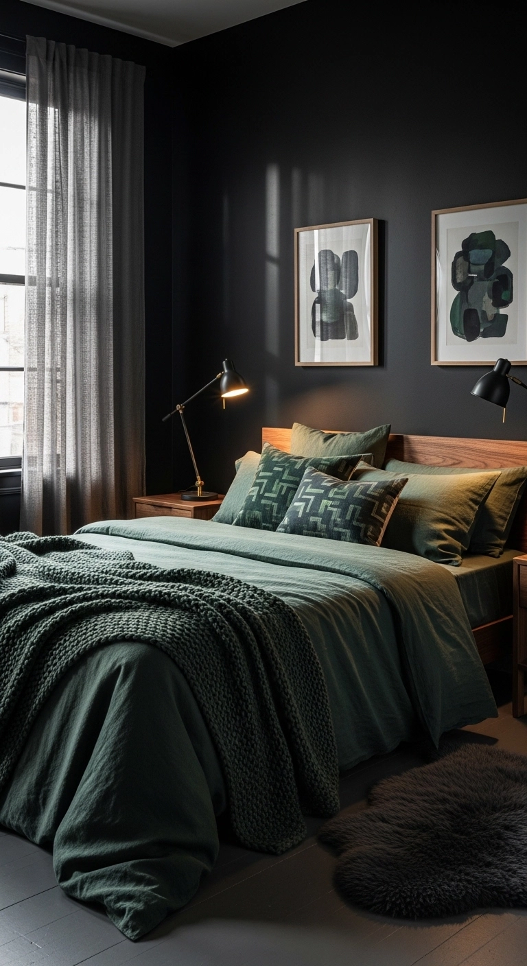 Black bedroom ideas with deep green bedding and moody black walls