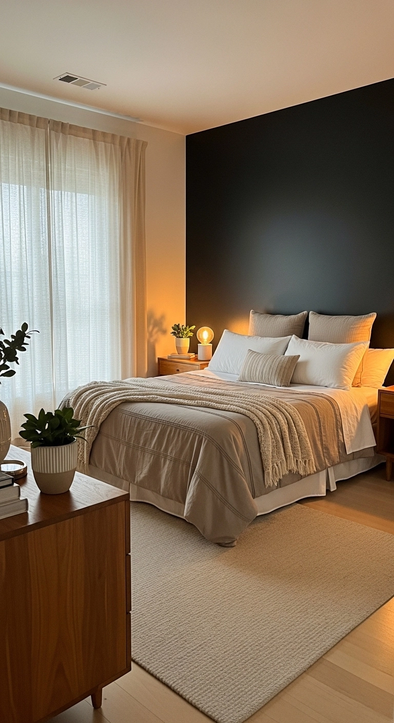 Black bedroom ideas mixing black walls with cream and taupe decor