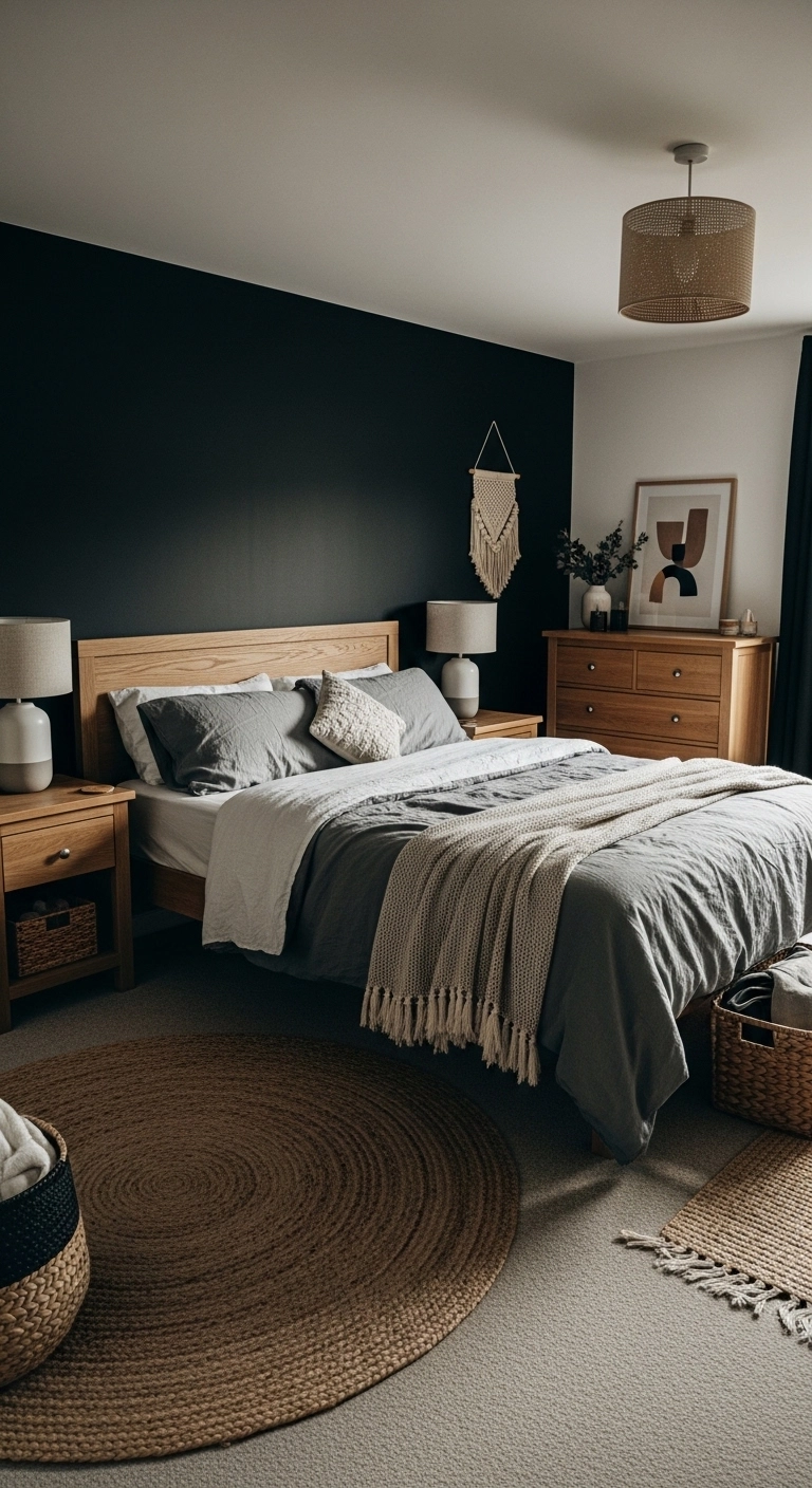 Black bedroom ideas with warm wood furniture and a cozy dark feature wall