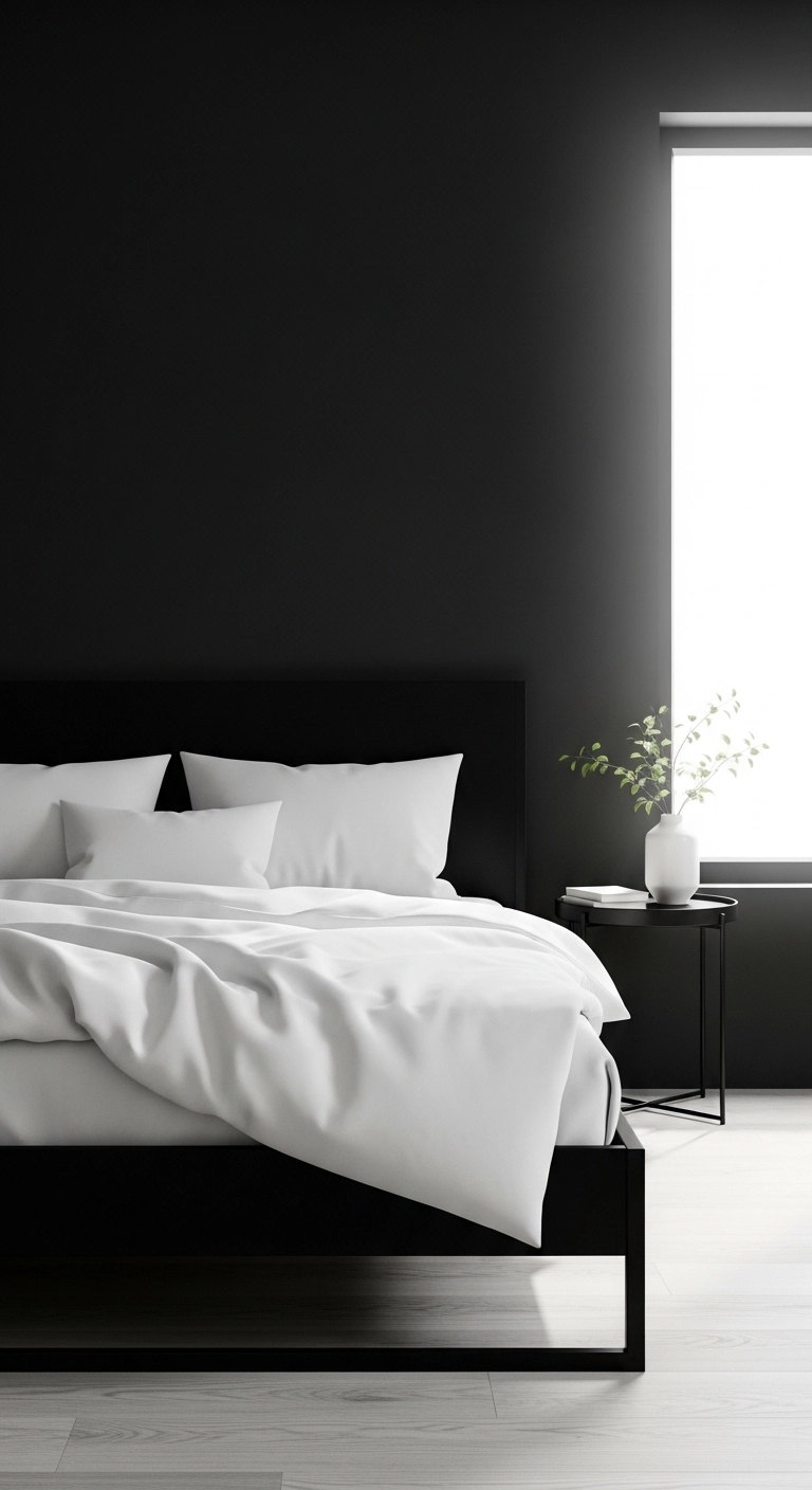 Black bedroom ideas featuring black walls and crisp white bedding in a modern room