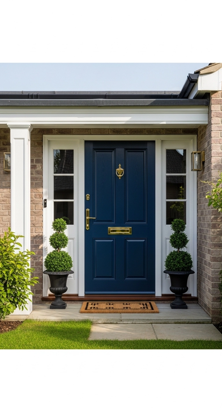 Door painting ideas with a bold navy front door and brass hardware
