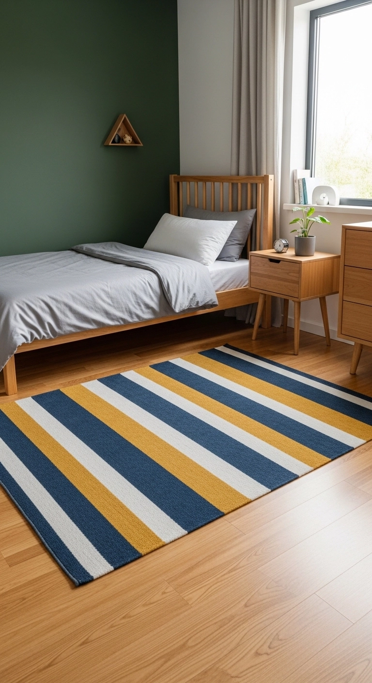 boys bedroom ideas with bold striped rug and clean modern styling