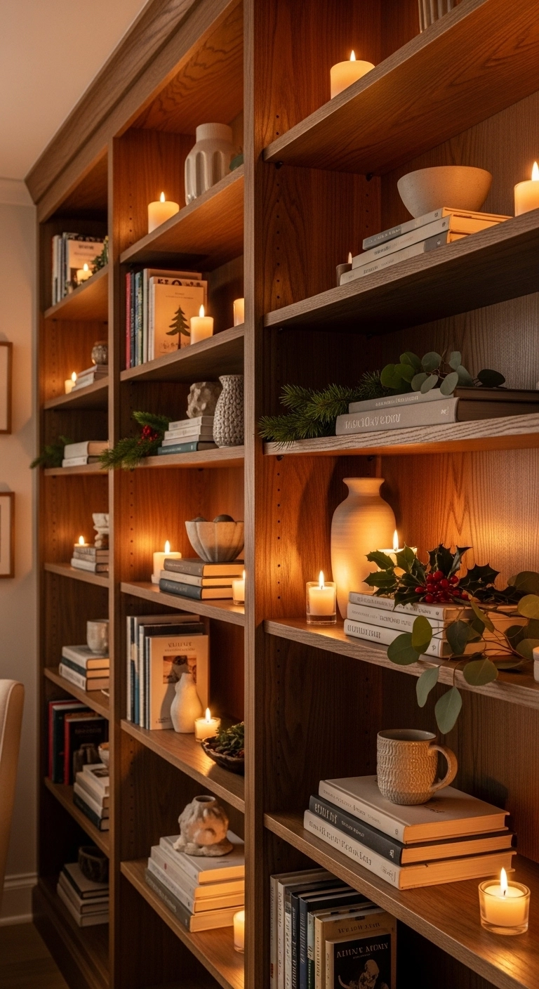 christmas candle decor ideas with candlelight on built-in bookshelves