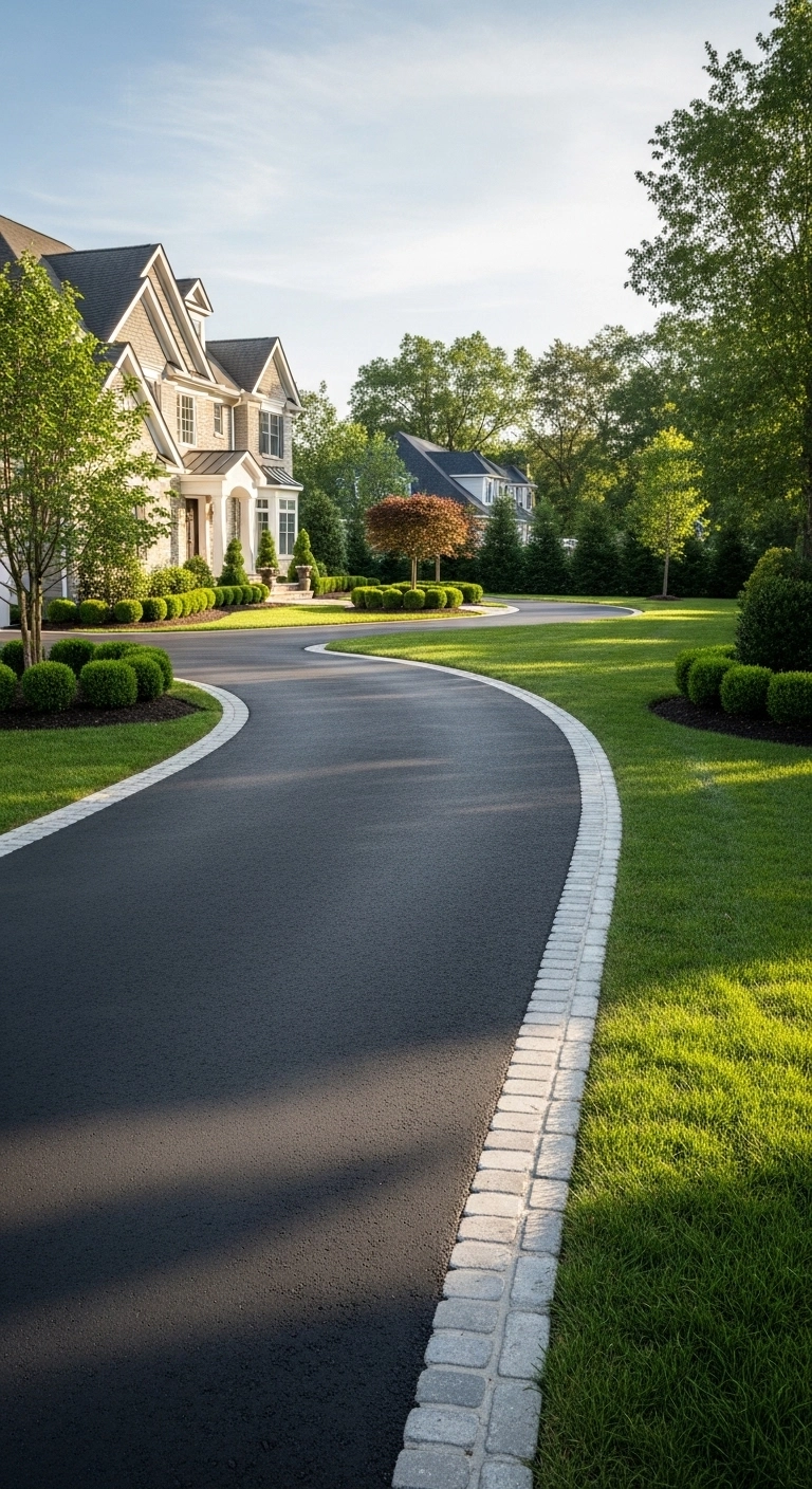 Asphalt driveway ideas with brick border edging and clean lawn lines