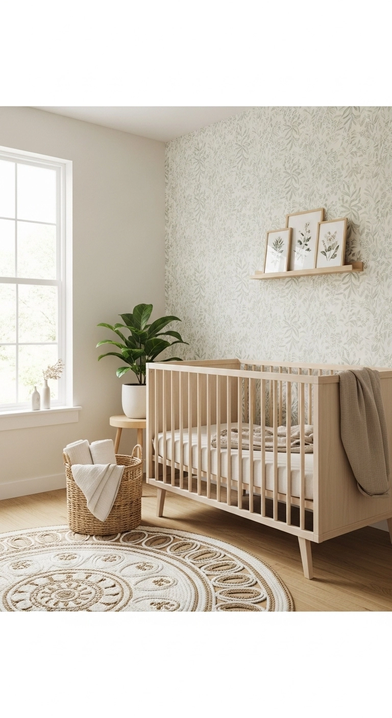 baby room themes with botanical wallpaper and a calm green nursery