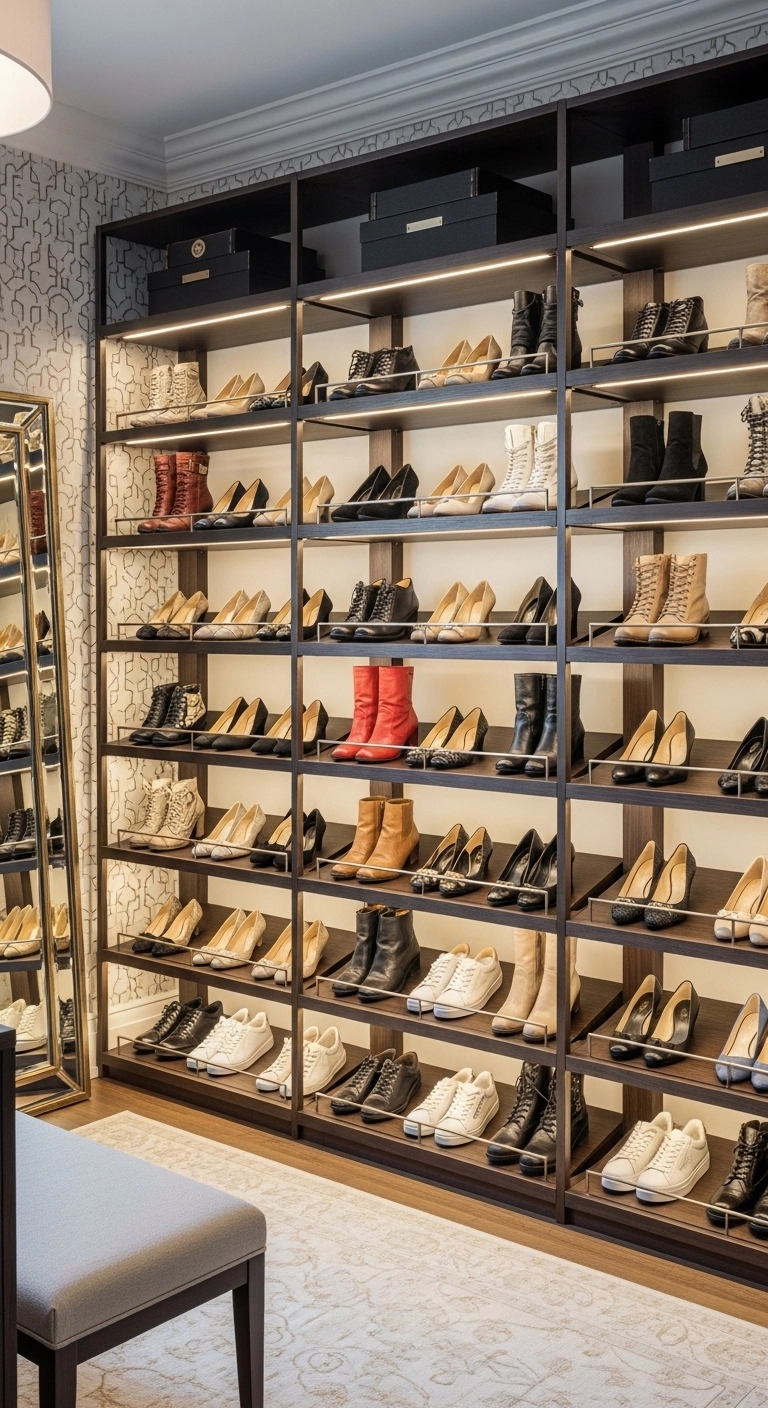 Walk in closet ideas with a boutique-style shoe wall and neat shelf display