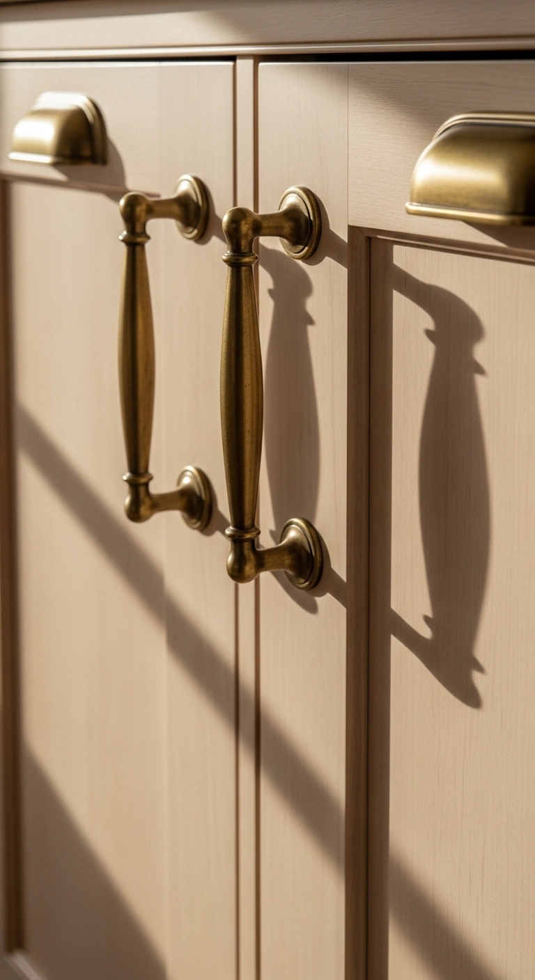warm kitchen aesthetic with aged brass cabinet hardware
