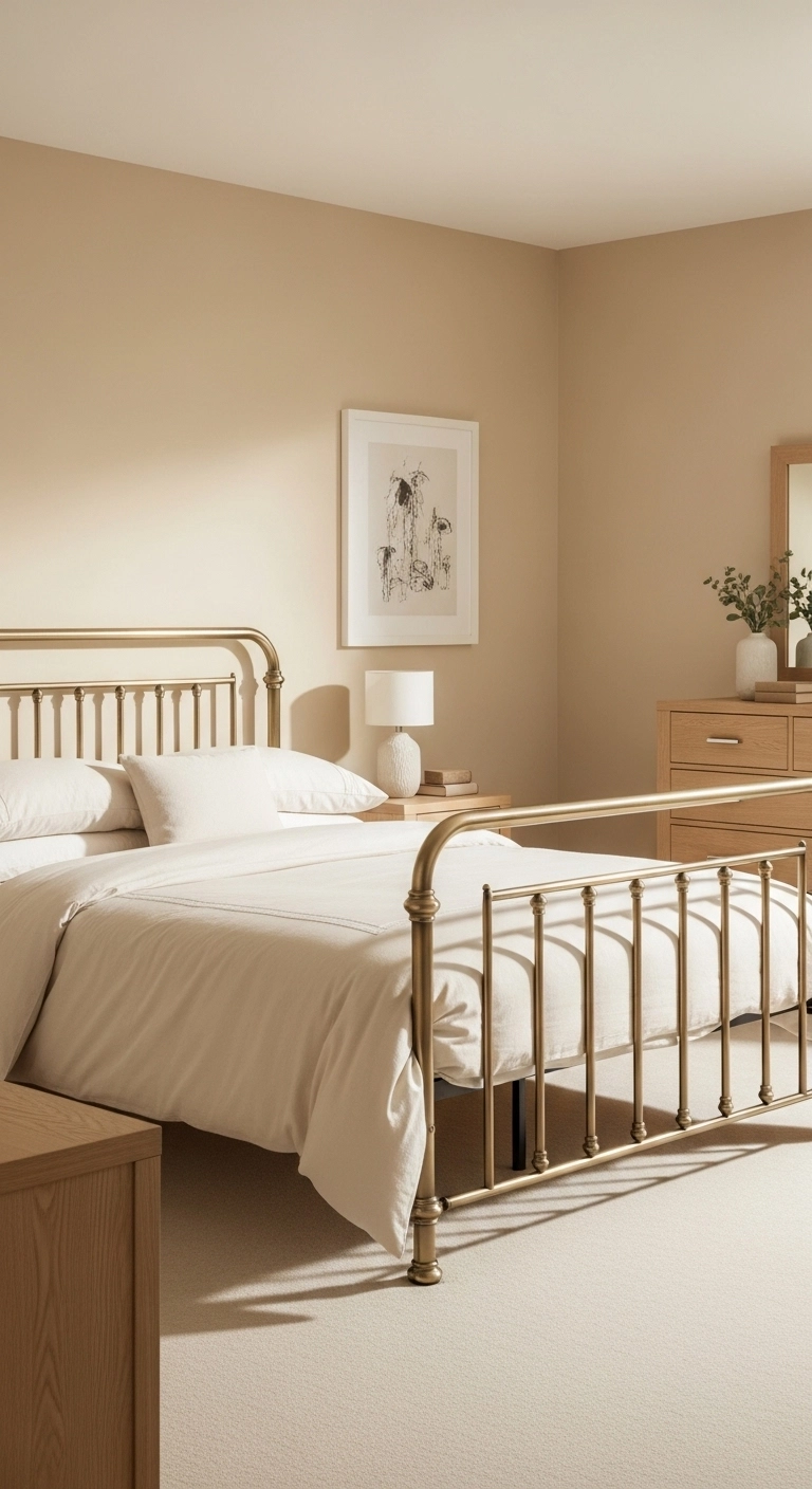 metal bed frame bedroom ideas with a brass frame and warm bedroom tones