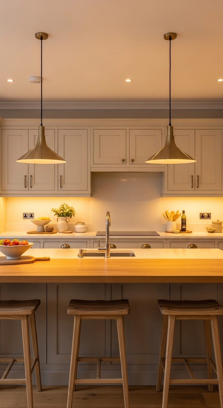 Kitchen lighting ideas with brass pendants for a warm modern glow