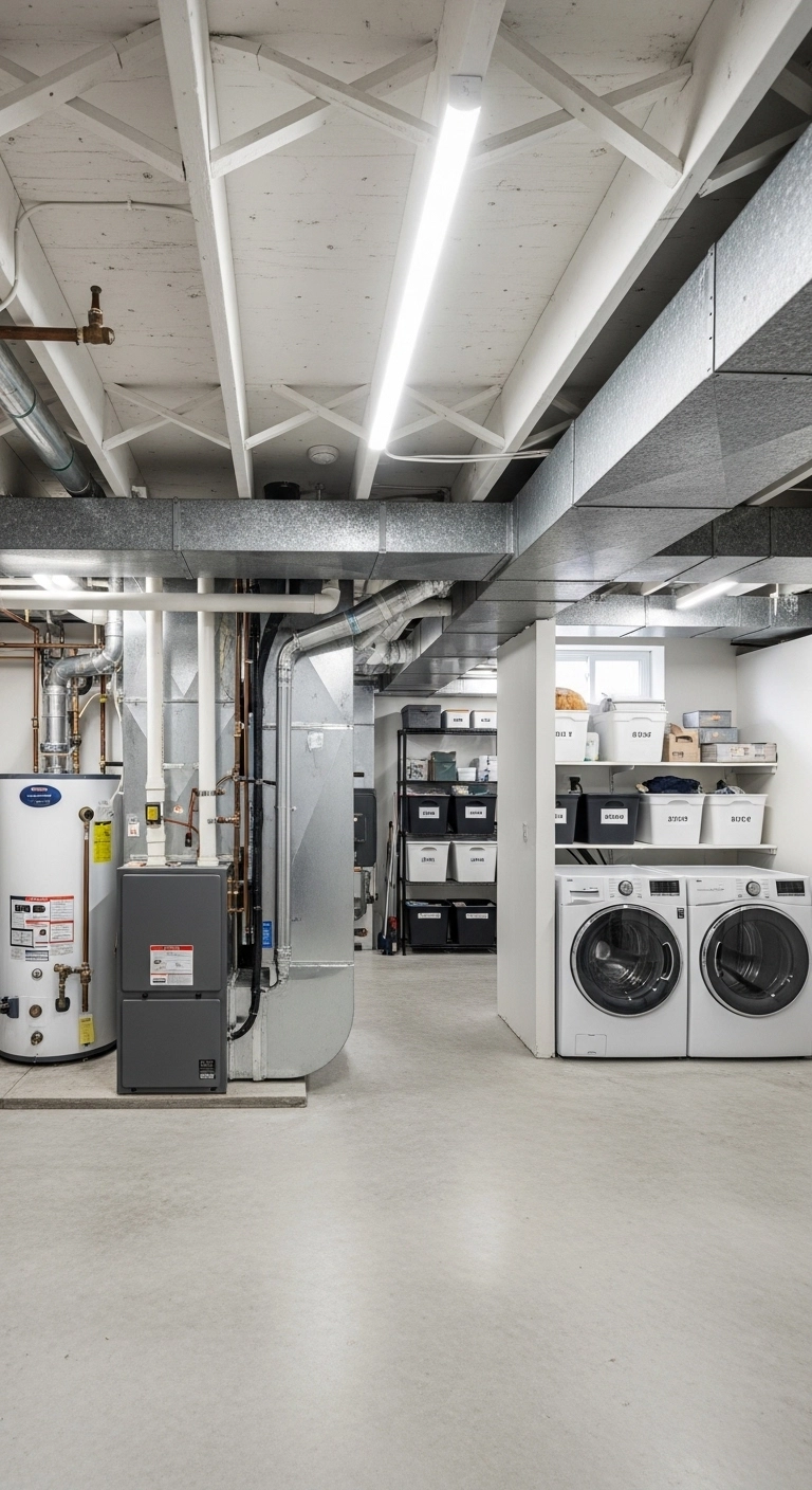 unfinished basement ideas with bright lighting and organized zones