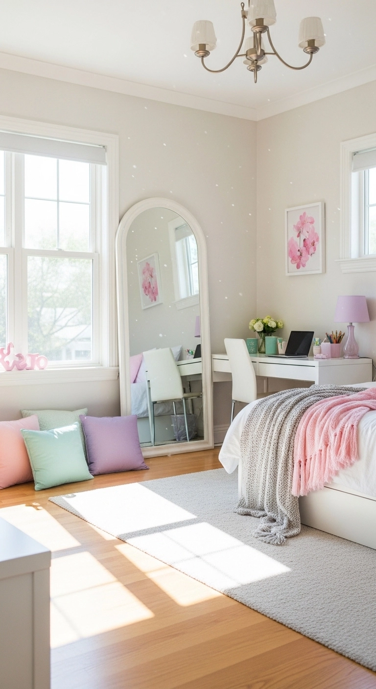 teen girl bedroom ideas with a large arched mirror and bright natural light