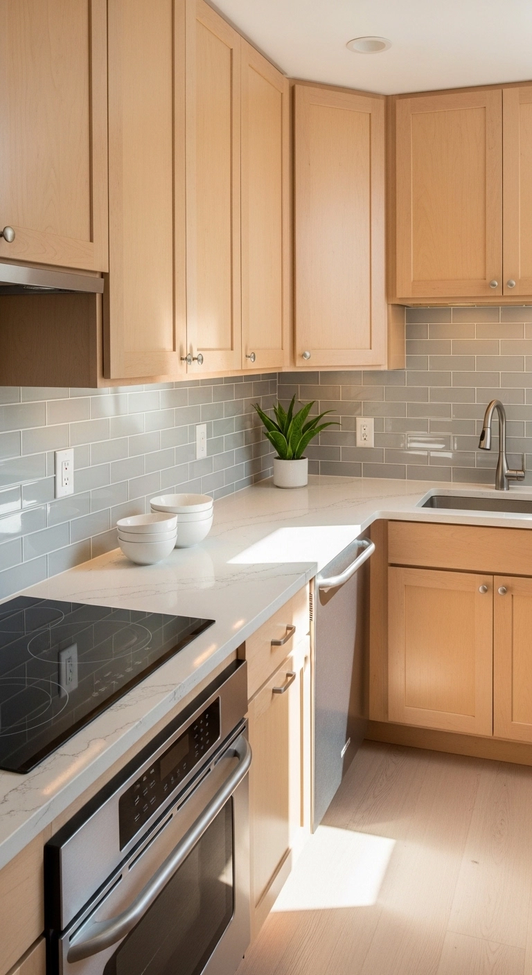 galley kitchen ideas with a glossy backsplash in a narrow kitchen