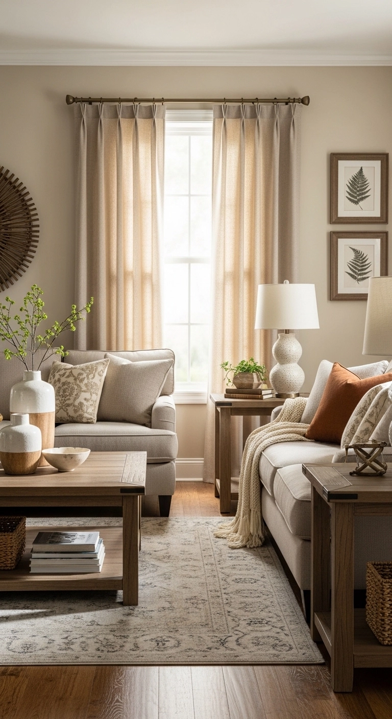 living room curtain ideas with bronze hardware and soft neutral drapes