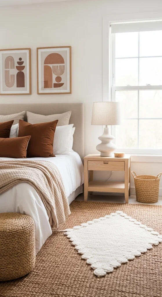 Brown bedroom ideas with easy accent decor and woven textures