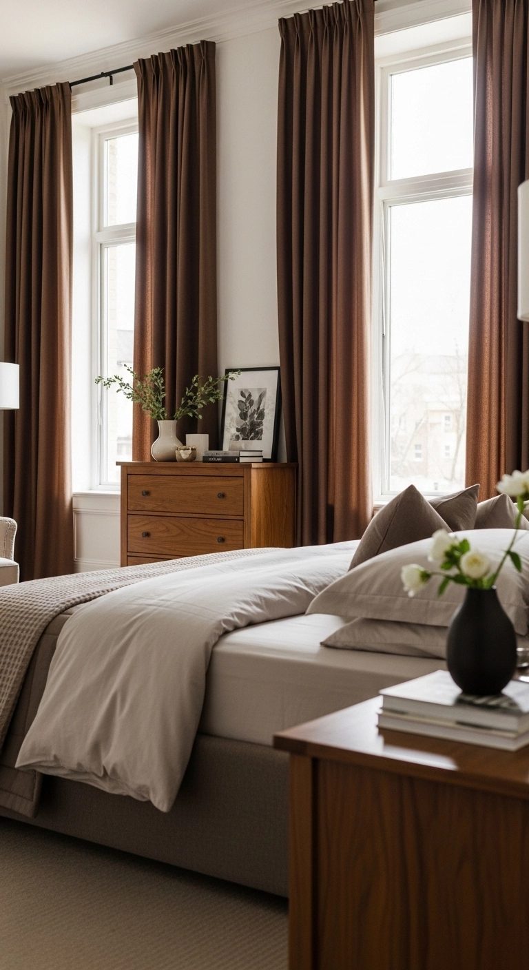 Brown bedroom ideas with rich curtains and soft natural light