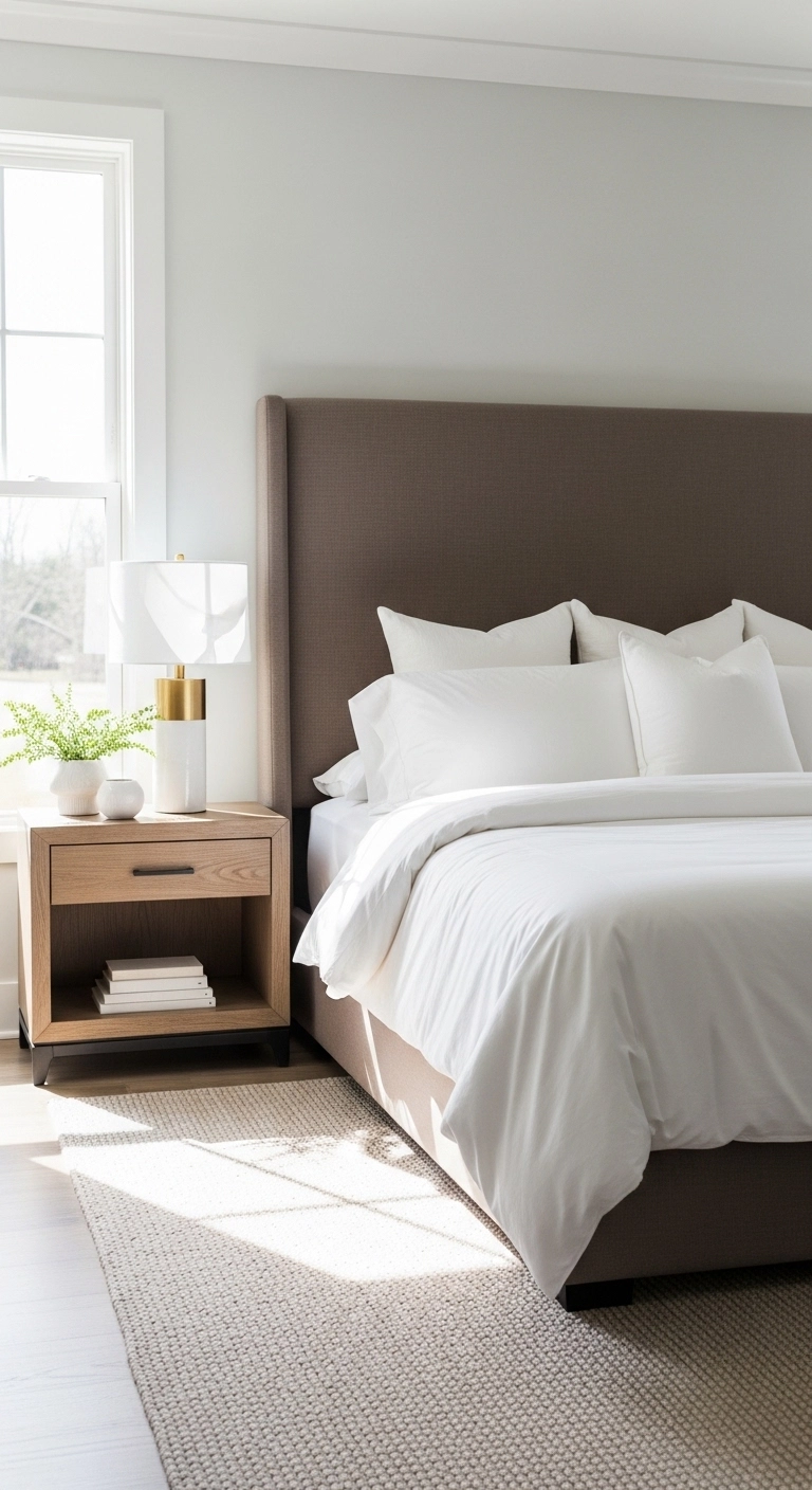 Brown bedroom ideas with a large upholstered headboard focal point