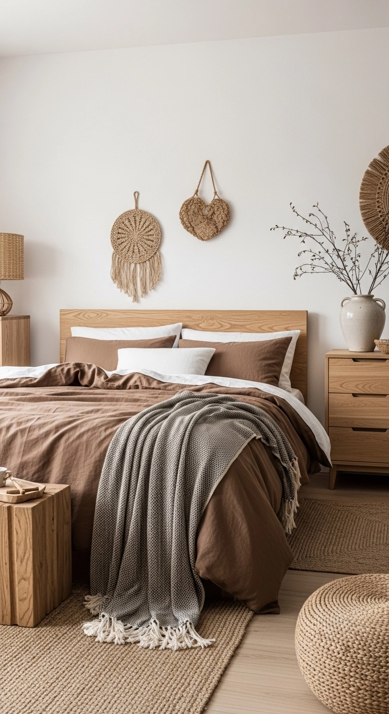Brown bedroom ideas with relaxed linen bedding and earthy decor