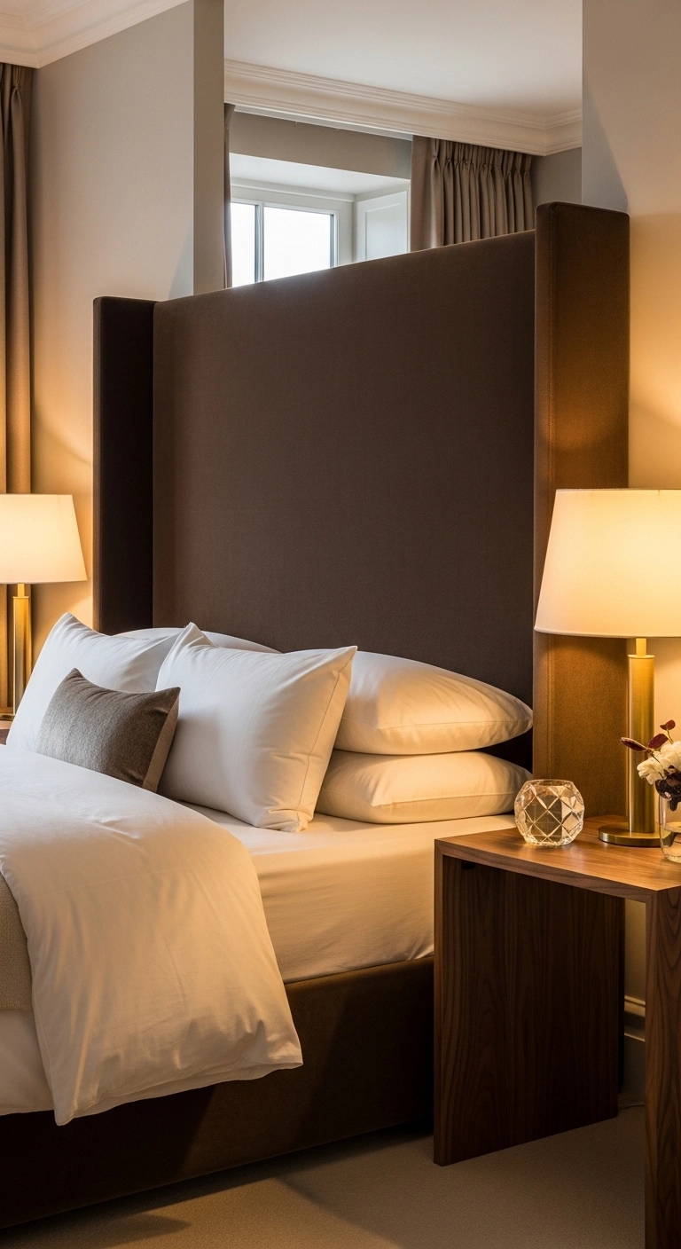 Brown bedroom ideas with a velvet headboard and luxe warm details