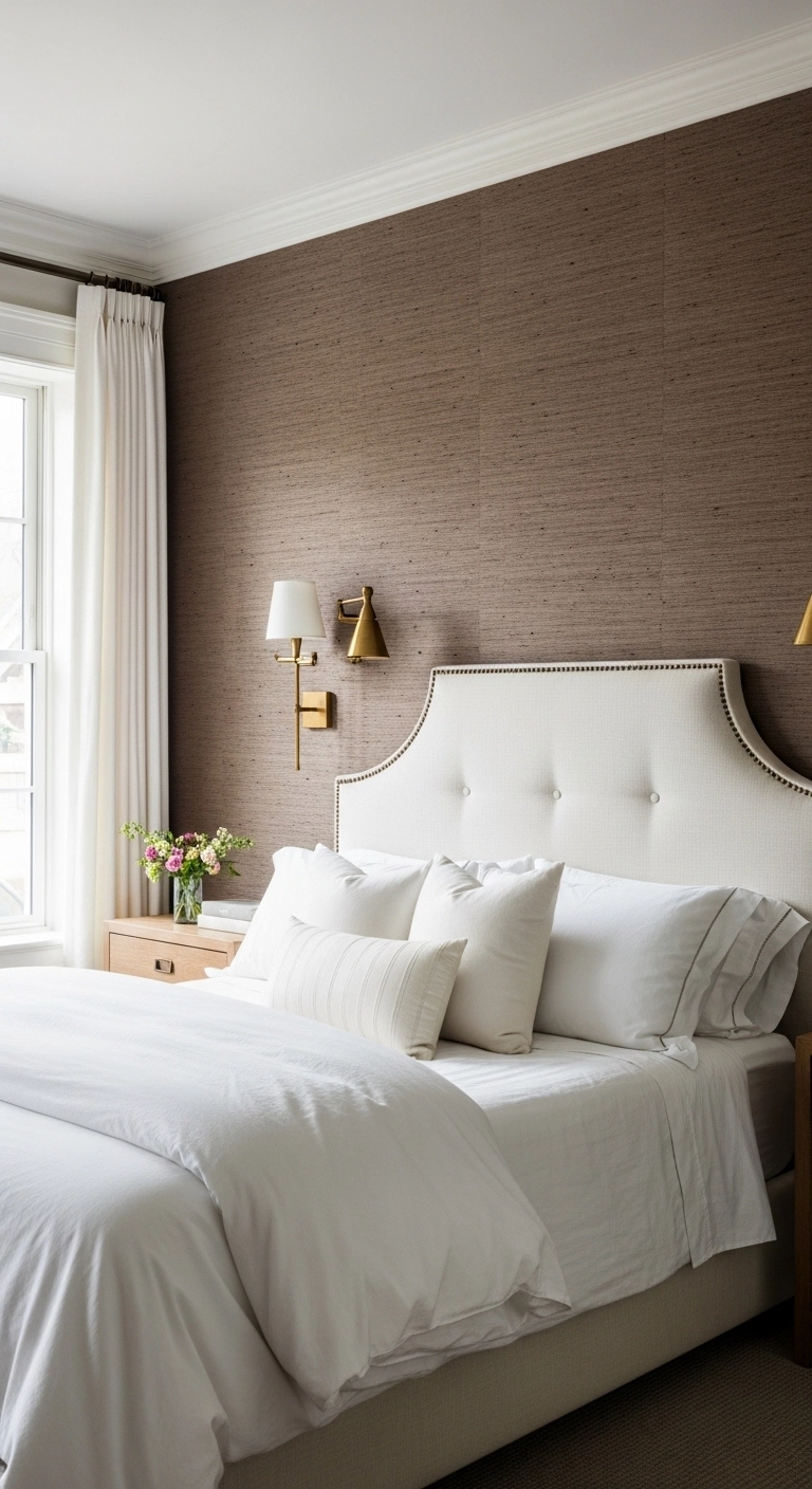 Brown bedroom ideas with textured wallpaper and warm brass lighting