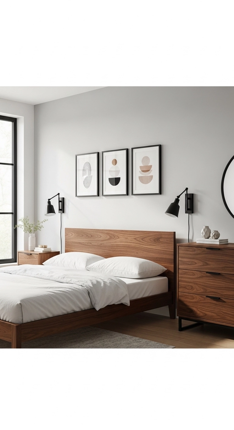 Brown bedroom ideas with black accents and walnut furniture