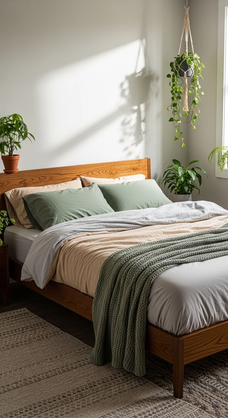Brown bedroom ideas with green accents and natural wood texture