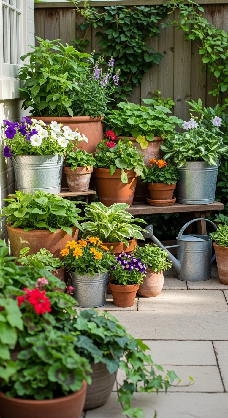 budget small backyard ideas with grouped container plants in patio pots