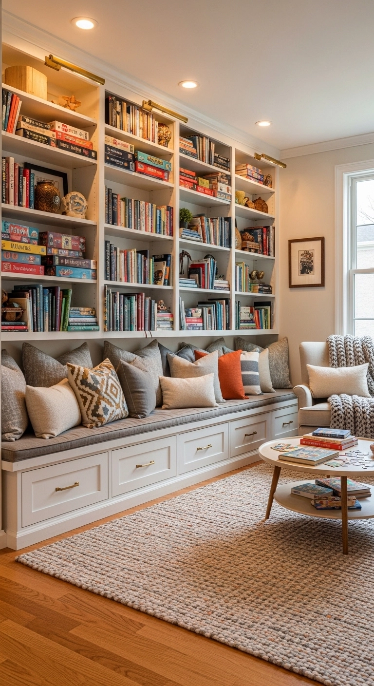 Library room ideas with built-in bench seating and family-friendly storage