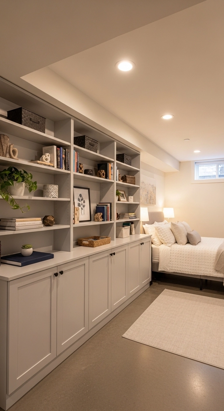 basement bedroom ideas with built-in storage and tidy shelves
