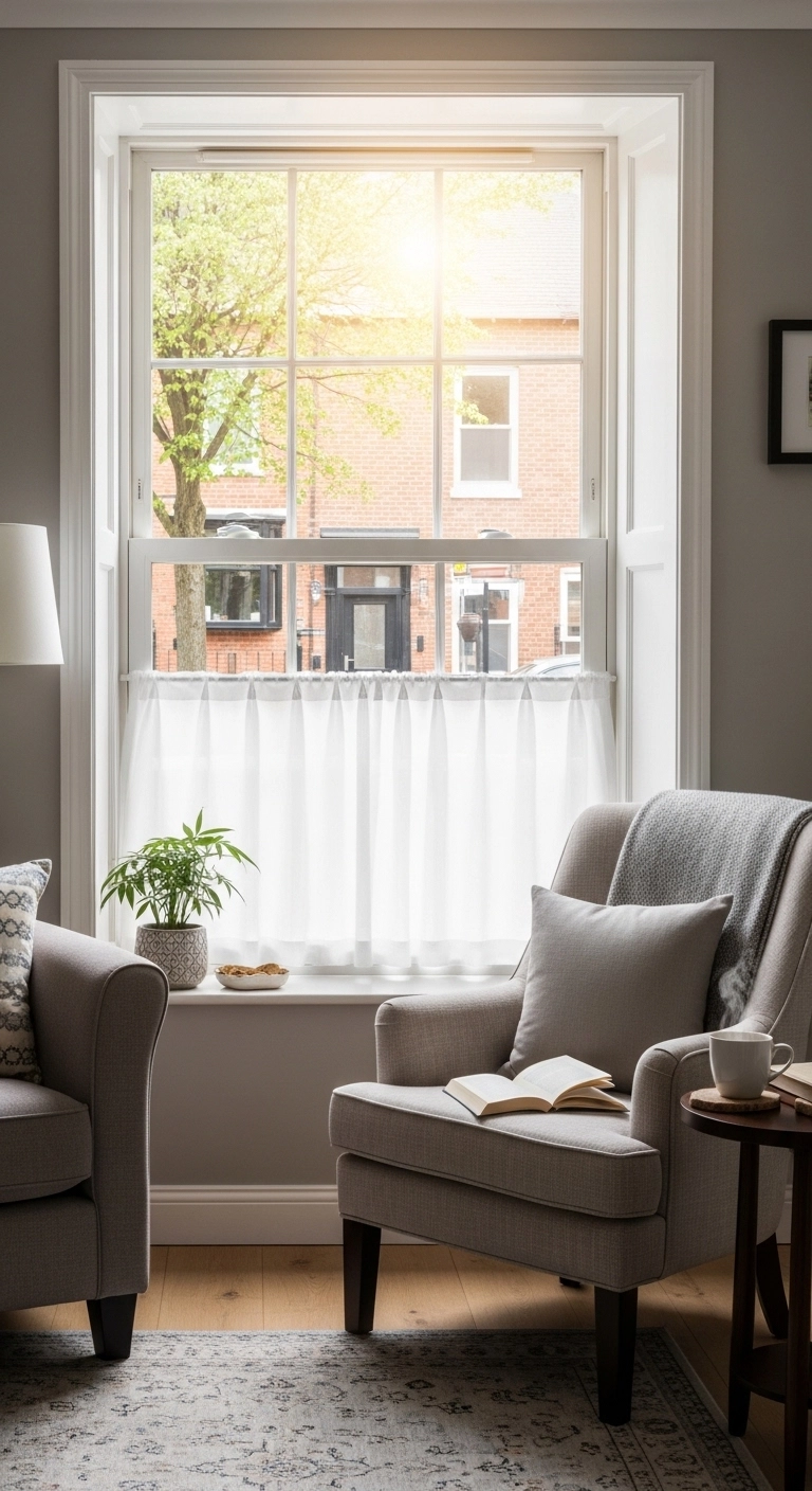 living room curtain ideas with café curtains in a street-facing sitting area